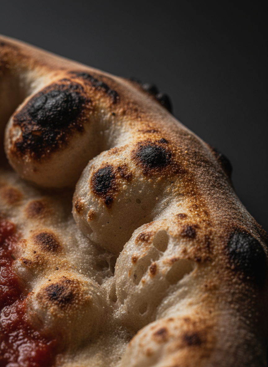 Pizza von oben — knuspriger Rand und frische Zutaten